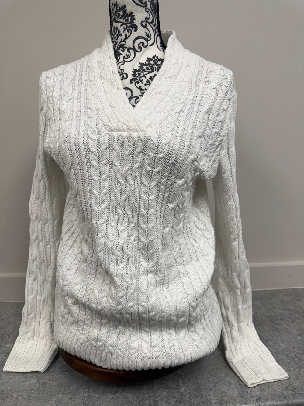 Jeanne Pierre White Cable Knit Shawl Collar Sweater Large Cotton
